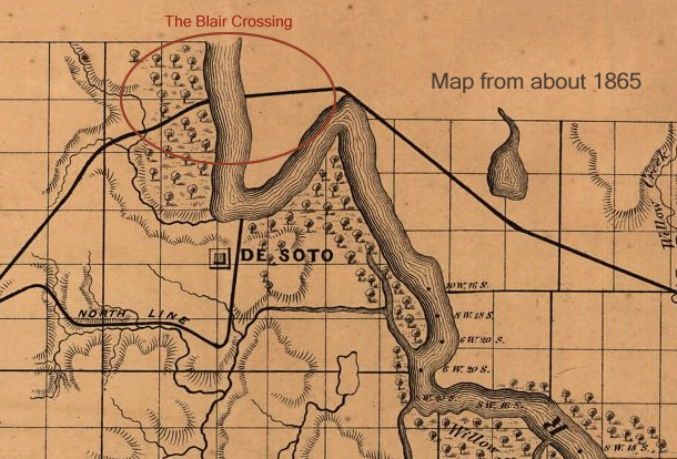 Map of the area from about 1865. Note the rail line across the Missouri river, just north of De Soto where eventually the town of Blair would spring in 1869 and a railroad bridge would span the river in 1883.